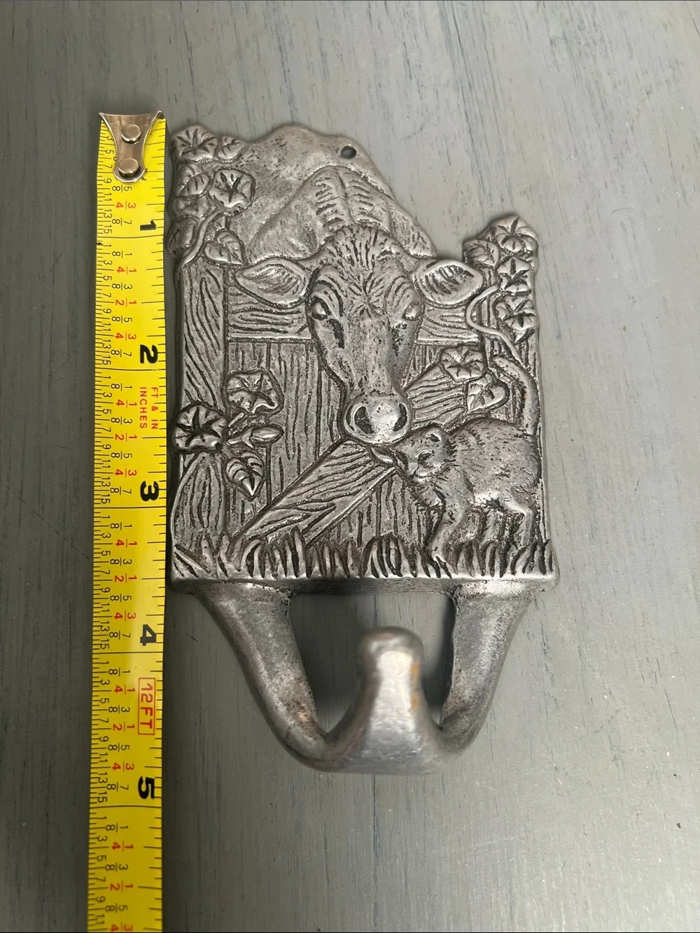 Vintage hook-Cow & kitten Metal Wall Hook in Aluminum. Ready to hang